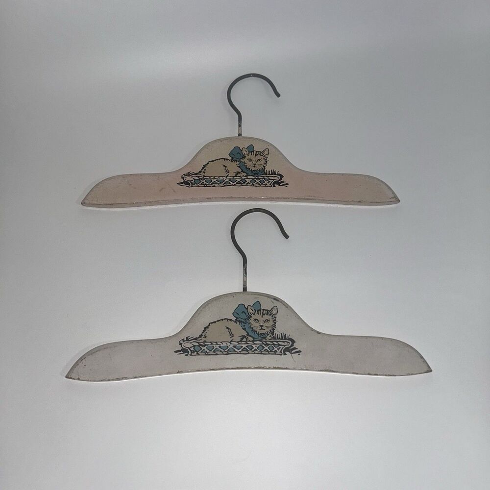 2 Vintage Child’s Wood Clothes Hangers Pink With White Kitty Cats
